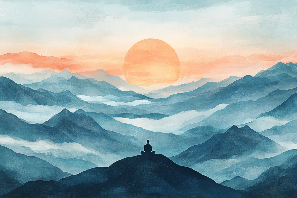 A serene landscape with a person meditating at sunrise on a mountaintop, overlooking a vast expanse of clouds and mountains. The scene symbolizes peace, clarity, and spiritual alignment, with calming shades of blue, orange, and white.