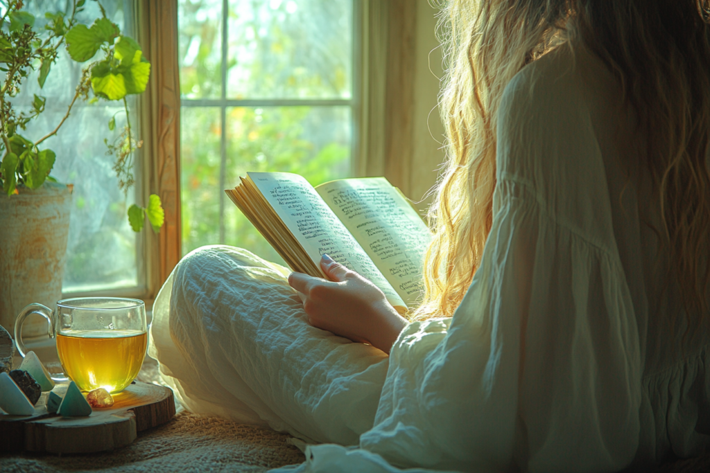 A close-up of a person journaling by a sunlit window, surrounded by a cup of herbal tea, crystals, and an open book. The warm, inviting scene represents mindfulness, inner reflection, and spiritual freedom.