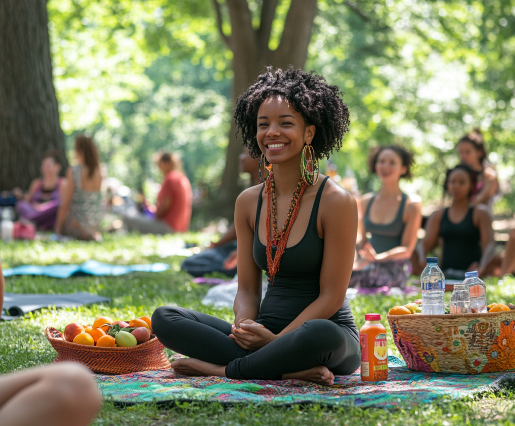 A vibrant group of people enjoying fresh fruits and detox drinks in a sunny park, representing community and vitality.