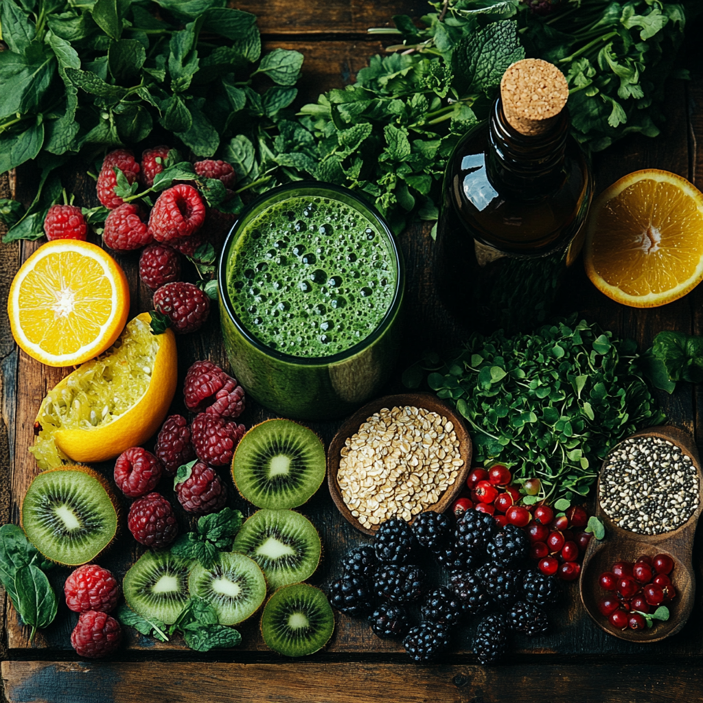 A colorful flat lay of high-vibration foods like fruits, smoothies, and grains, showcasing the foundation of health transformation.